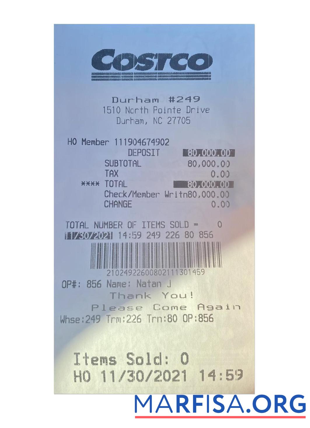Blank COSTCO payment receipt real example